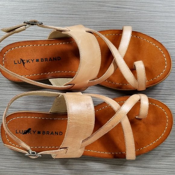 Lucky Brand Ellsona Flat Sandal, Tan Leather, Womens Size 6.5 M / 36.5 - Picture 10 of 14
